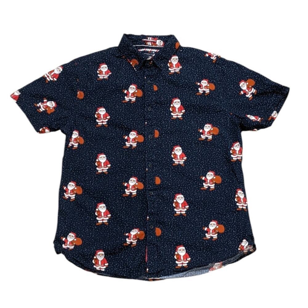Santa & Snow Short Sleeve Button Down Cotton Shirt Ugly Christmas Men's M